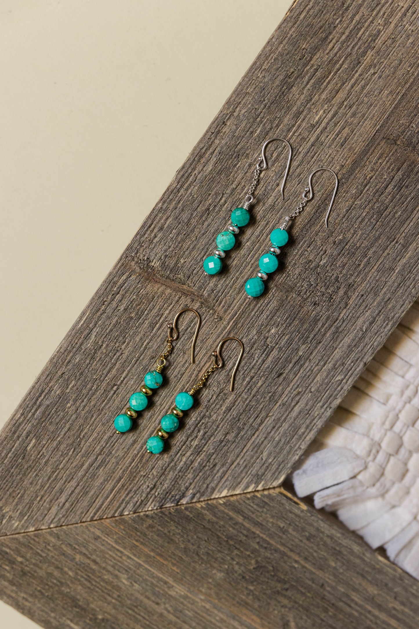 Turquoise faceted coin beads, hematite accent beads, wire wrapped in gold filled or sterling silver
