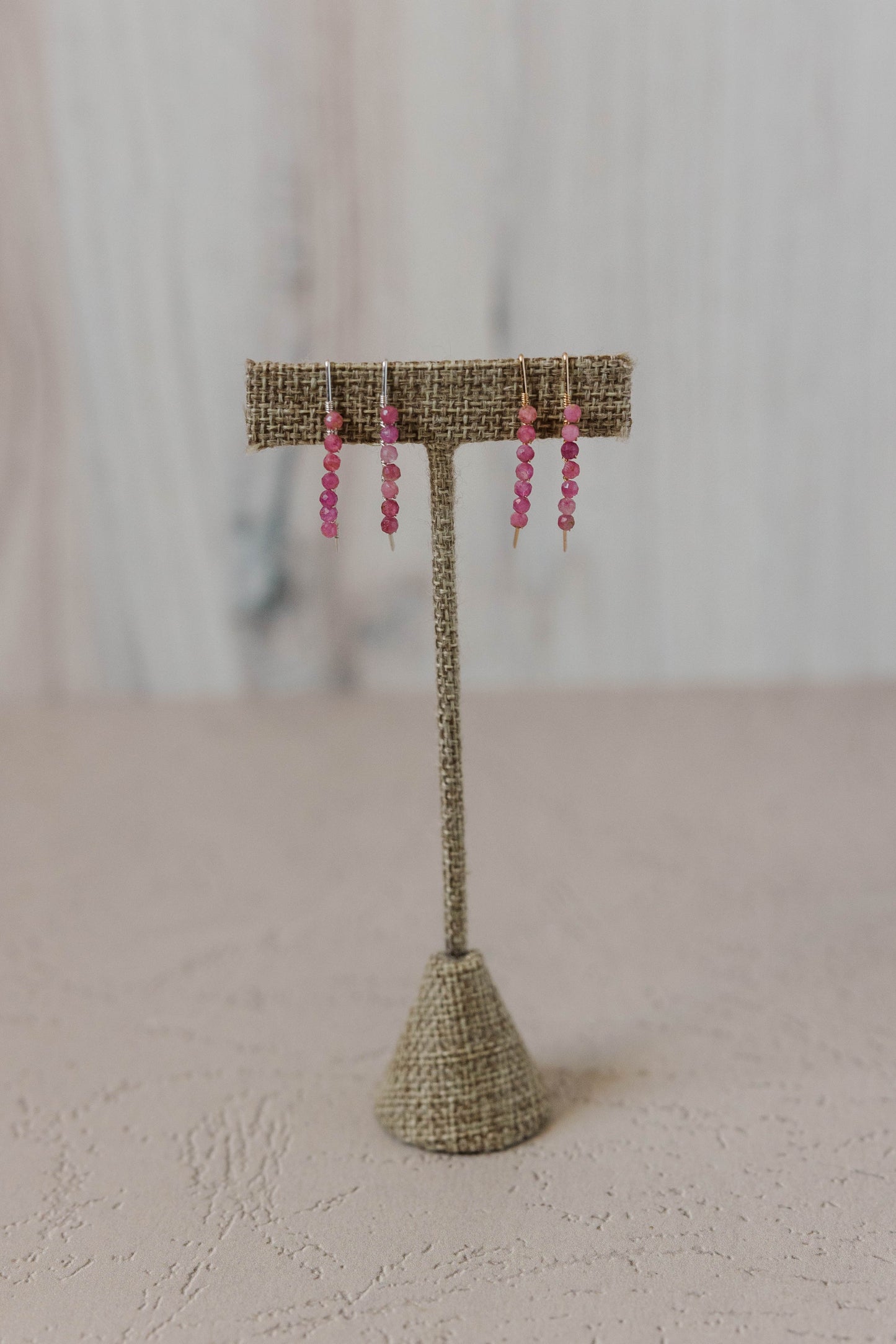 Pink tourmaline threader earrings, arc shaped in sterling silver or gold filled, 1 inch in size, available in 2 inch or 3 inch