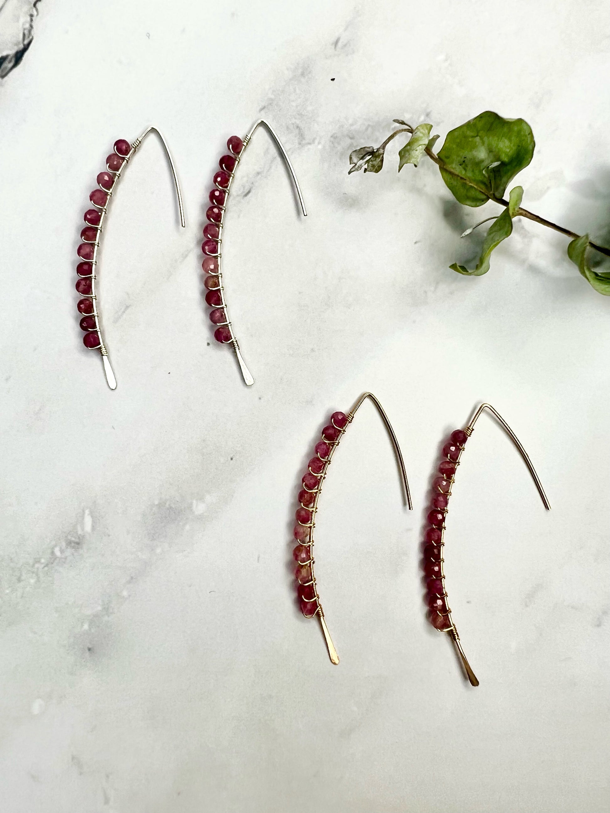 Pink Tourmaline beads wire-wrapped on sterling silver or gold-filled & hammered threader earrings